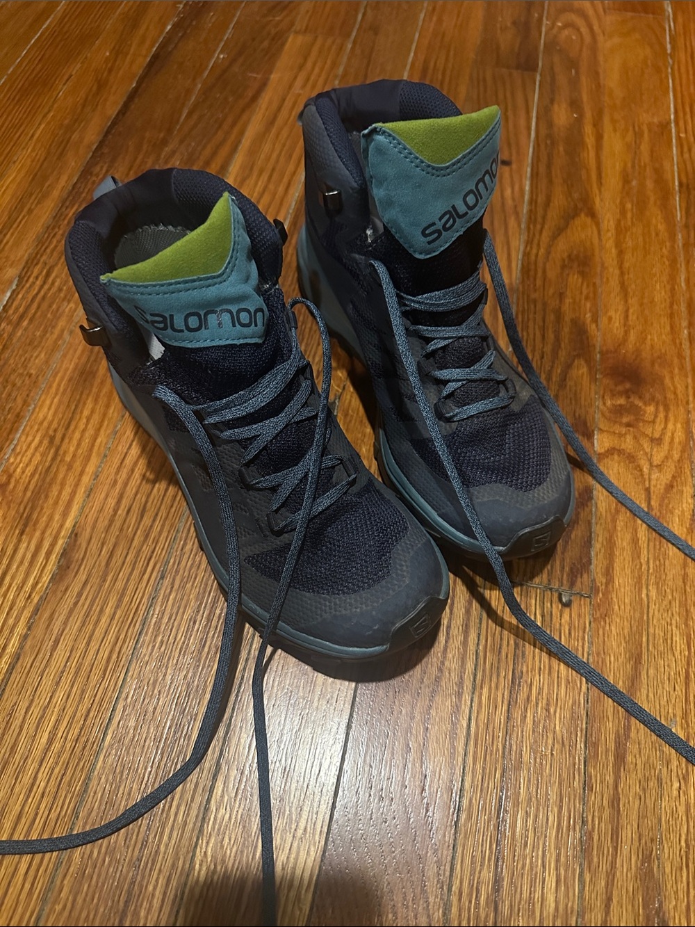 Salomon Navy and Teal Mid-Top Hiking Shoes with Lime Accent